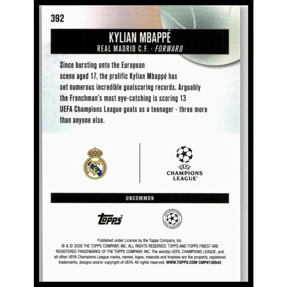 2025-26 Finest UEFA Kylian Mbappé #392 Real Madrid CF Uncommon